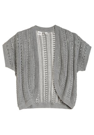 Cardigan gris à manches courtes en maille avec devant ouvert et motifs verticaux en dentelle, col plié et bords côtelés de GAP Kids.