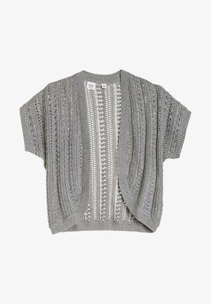 Cardigan gris à manches courtes en maille avec devant ouvert et motifs verticaux en dentelle, col plié et bords côtelés de GAP Kids.