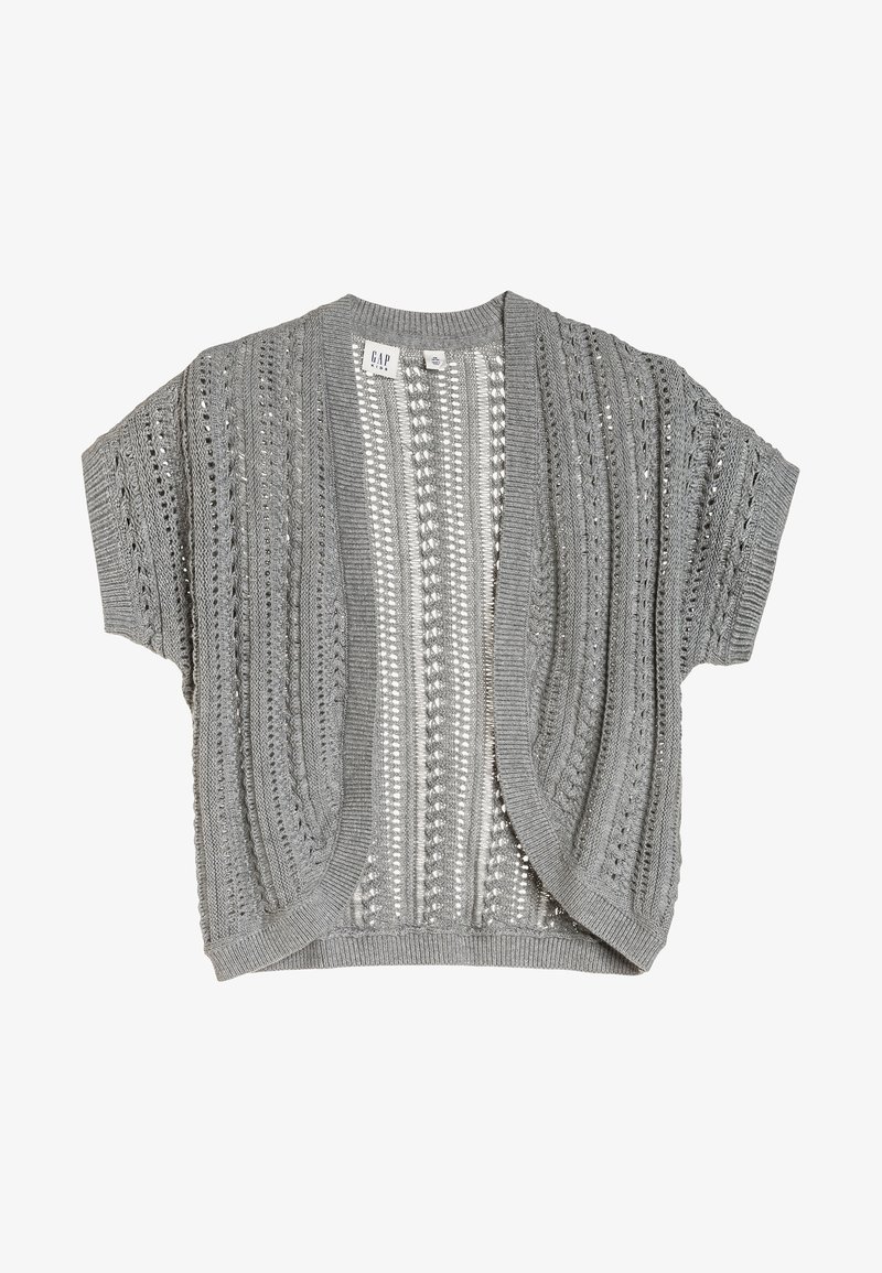 Cardigan gris à manches courtes en maille avec devant ouvert et motifs verticaux en dentelle, col plié et bords côtelés de GAP Kids.