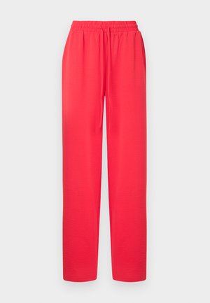 Piros, könnyű, szövött nadrág laza szabással, rugalmas derékpánttal, zsebek nélkül. Sima textúra, finom gyűrődésekkel az egész felületen.