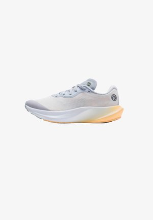 Lightweight running shoe in gray mesh with a padded collar, orange sole, and subtle branding. Features smooth, curved design for comfort.