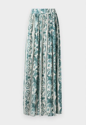 Long pleated skirt featuring a floral pattern in teal and white, made from lightweight fabric with a high waistband design.