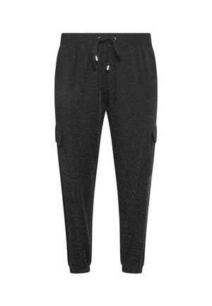Zwarte joggingsbroek met een glanzende, gespeculeerde textuur, elastische tailleband met trekkoord en zijzakken. Tapered fit bij de enkels.