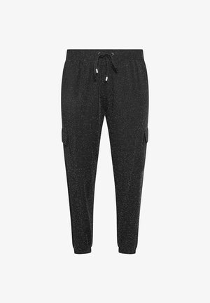 Sorte joggerbukser med en skinnende, spraglet tekstur, elastisk talje med snoretræk og sidelommer. Tapered fit ved anklerne.
