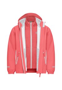 Giacca impermeabile rosa con zip frontale, strato interno staccabile e dettagli riflettenti. Caratterizzata da cappuccio e polsini elastici.