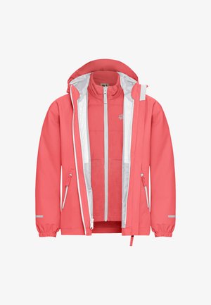 Rosa vanntett jakke med glidelås foran, avtakbar indre lag og reflekterende detaljer. Har hette og elastiske mansjetter.