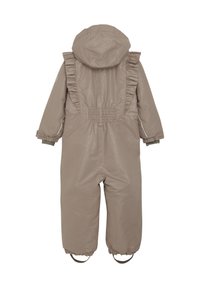 Beige, waterdichte overall met gerimpelde accenten langs de capuchon en de achterkant, elastische taille en manchetten; heeft reflecterende piping-details.