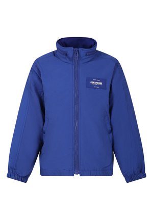 Veste zippée bleue en tissu léger. Présente un col montant, des poignets élastiques et un écusson logoté sur la poitrine. Texture lisse.