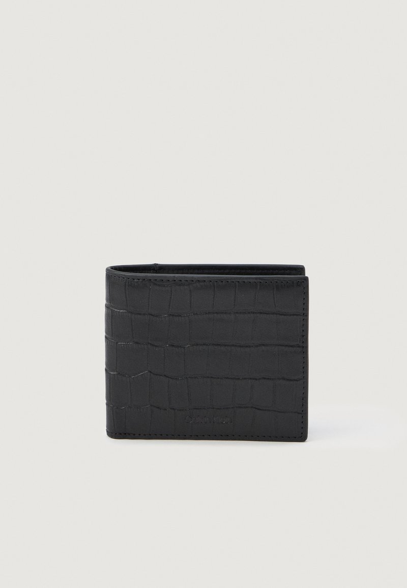 Fekete krokodil bőr pénztárca, bifold kialakítással, diszkrét logóval és texturált felülettel, elegáns megjelenésért.