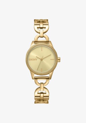 Goudkleurig DKNY-horloge met ronde wijzerplaat, minimalistische urenmarkeringen, schakelen armband en gestructureerde lunette, toont tijd om 7:11:36.