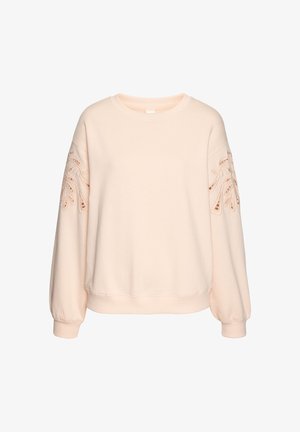 Svetlo roza pulover s dolgimi, rahlo napihnjenimi rokavi. Ima vezenine cvetnih vzorcev na ramenskih delih. Mehka, teksturirana tkanina.