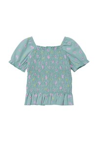 Gerafftes Kurzarmoberteil in hellem Teal, verziert mit rosa Schmetterlingen und gelben Blumen, mit einem Rüschensaum und quadratischem Ausschnitt.