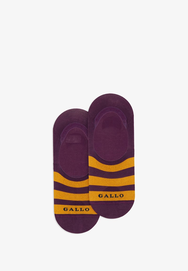 Calzini di cotone viola con strisce gialle, dal design a taglio basso e punta arrotondata. "GALLO" è stampato in blu marino sul tallone.