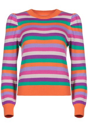 Jersey de punto con cuello redondo y mangas largas. Presenta rayas horizontales en naranja, verde, rosa, púrpura y blanco. Acabado texturizado.