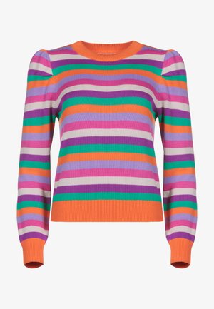 Jersey de punto con cuello redondo y mangas largas. Presenta rayas horizontales en naranja, verde, rosa, púrpura y blanco. Acabado texturizado.