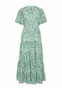 Robe maxi à motifs verts avec manches courtes, ourlet à volants et motif floral aux nuances variées de vert et de blanc.