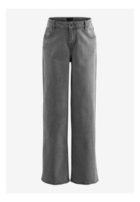 Jean gris à jambes larges en denim, doté de cinq poches, d'une fermeture par bouton, et d'une finition épurée avec une texture légèrement brossée.