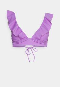 Top de biquíni roxo com bordas franzidas, design em V, laços ajustáveis nas costas e textura de tecido suave e lisa.