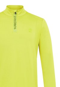 Halbzip-Pullover in leuchtendem Gelb, aus glattem Stoff gefertigt. Verfügt über ein Logo am Reißverschluss und auf der Brust, mit einem hohen Kragen und langen Ärmeln.