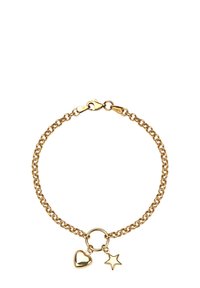 Złota bransoletka łańcuszkowa z zawieszkami w kształcie serca i gwiazdy, z zapięciem na zatrzask. Łańcuszek ma jednolitą teksturę i blask.
