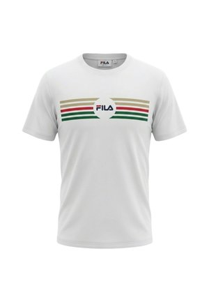 Maglietta bianca a manica corta con logo FILA centrato all'interno di un cerchio bianco e strisce orizzontali beige, rosse e verdi sul petto.
