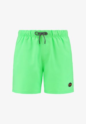 Neon zöld fürdőnadrág könnyű, gyorsan száradó anyagból; rugalmas derékkal rendelkezik, kontrasztos húzózsinórral és logóval ellátott folttal.