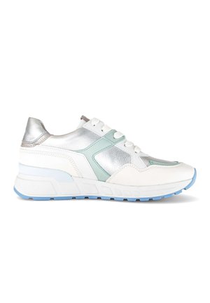 White sneaker with silver and light green panels, white laces, and a light blue rubber sole, shown in side profile on a white background.