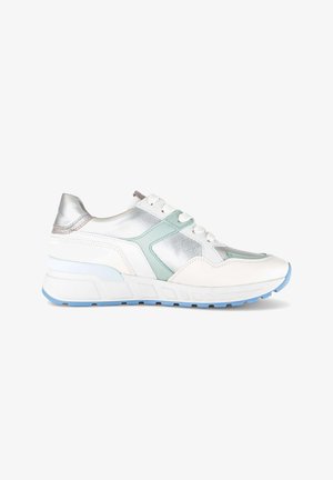 White sneaker with silver and light green panels, white laces, and a light blue rubber sole, shown in side profile on a white background.