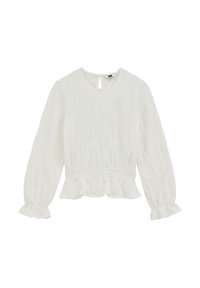 Haut péplum blanc texturé avec manches longues et col rond. Présente des poignets froncés et une fermeture par bouton avec ouverture en goutte d'eau à l'arrière.
