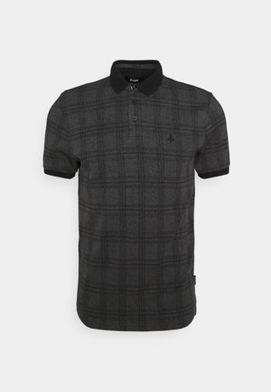 Dunkelgraues Polohemd mit kurzen Ärmeln, schwarzem Karomuster, schwarzem Kragen und Bündchen, zwei Knöpfen und kleinem gesticktem Logo auf der Brust.