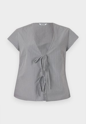Gray striped top with a V-neck and short sleeves. Features a front tie closure and soft fabric texture. Vertical stripes add visual interest.