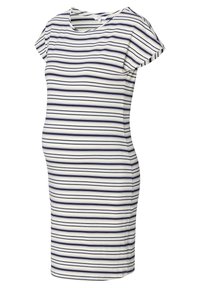 Sukienka ciążowa z miękkiej bawełny, w poziome granatowo-białe paski, z krótkim rękawem i dopasowanym fasonem zapewniającym wygodę w czasie ciąży.