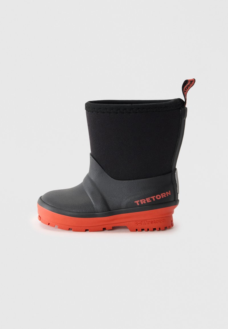 Children’s black and red waterproof winter boot with pull tab and textured sole, branded Tretorn on side and sole.