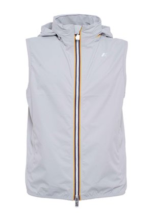 Gilet senza maniche grigio chiaro con colletto alto, chiusura frontale con cerniera e strisce gialle e blu navy, realizzato in un tessuto liscio e resistente all'acqua.