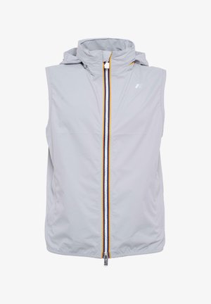 Gilet senza maniche grigio chiaro con colletto alto, chiusura frontale con cerniera e strisce gialle e blu navy, realizzato in un tessuto liscio e resistente all'acqua.