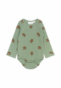 Body cu mâneci lungi dintr-un material ribbed de culoare verde pal, decorat cu un print cu arici. Dispune de închideri cu capse în partea de jos pentru o îmbrăcare ușoară.