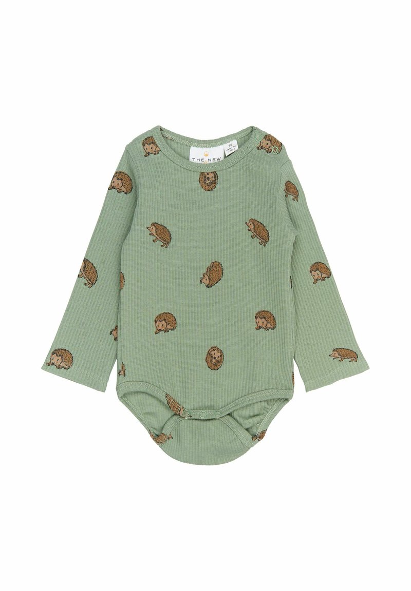 Body cu mâneci lungi dintr-un material ribbed de culoare verde pal, decorat cu un print cu arici. Dispune de închideri cu capse în partea de jos pentru o îmbrăcare ușoară.
