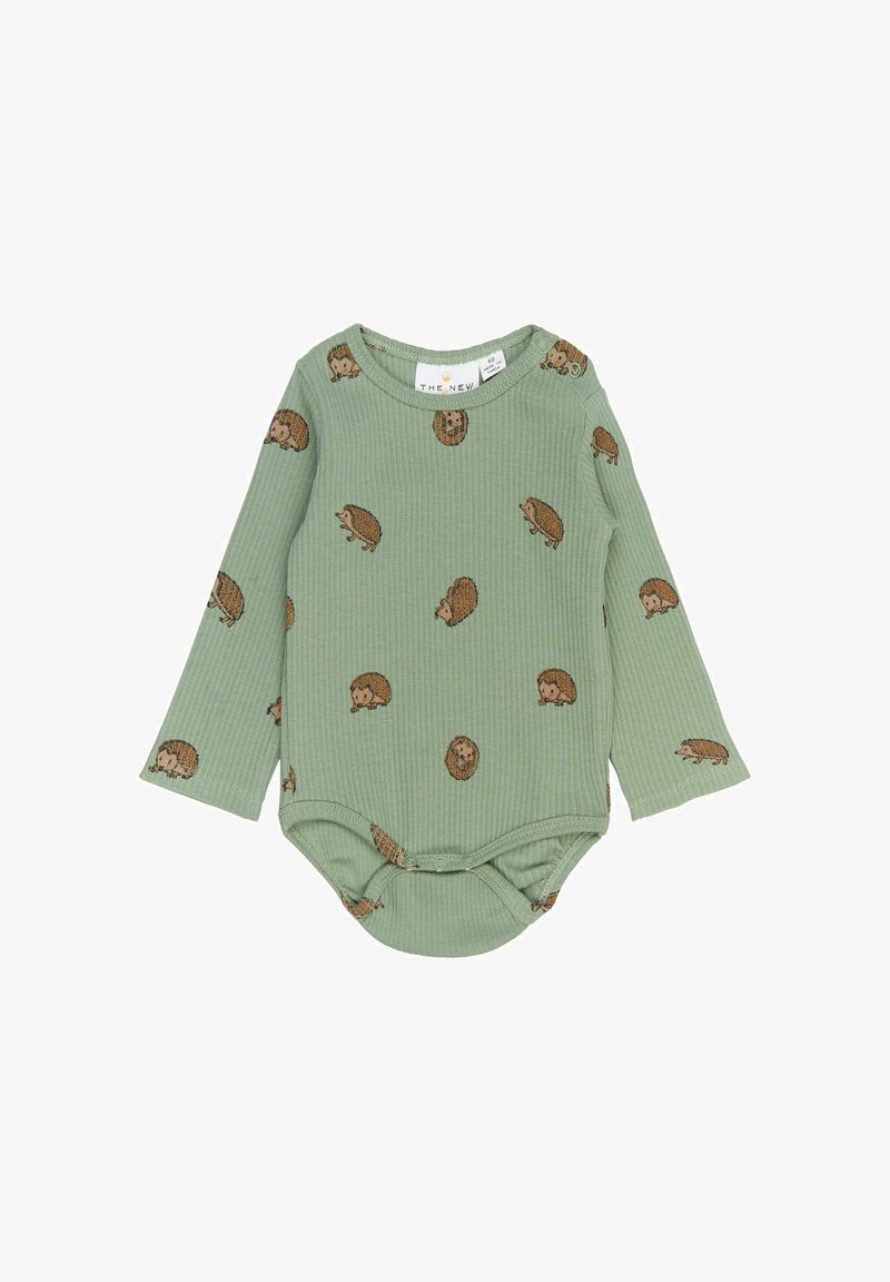 Ilgomis rankovėmis bodis iš prislopinto žalio lygaus audinio, papuoštas ežių raštu. Yra užsegimai apatinėje dalyje, kad būtų lengva įvilkti.