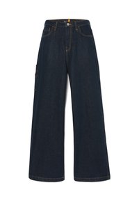 Pantalons en denim bleu foncé à jambes larges avec des coutures orange contrastantes, dotés d'une fermeture à bouton et de poches latérales pour plus de fonctionnalité.