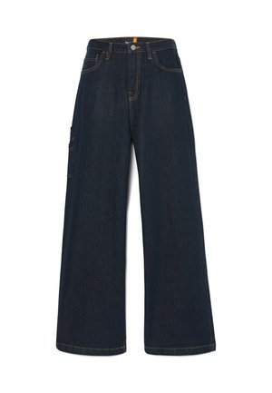 Pantalons en denim bleu foncé à jambes larges avec des coutures orange contrastantes, dotés d'une fermeture à bouton et de poches latérales pour plus de fonctionnalité.
