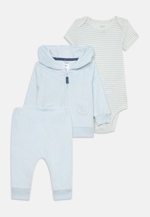 Light blue baby set with zip-up hooded jacket, matching pants, and white bodysuit with thin blue horizontal stripes, size 6 months.