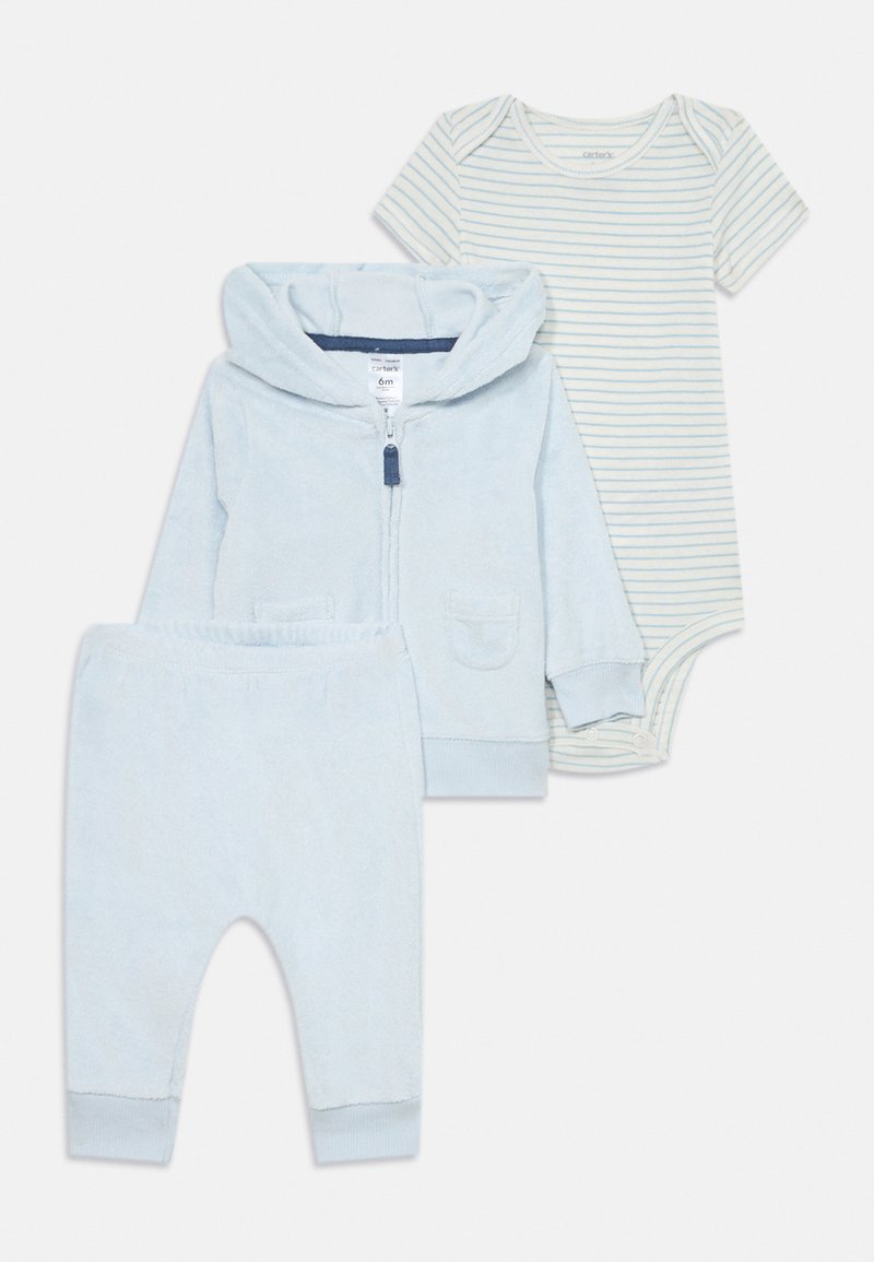 Set per neonati azzurro chiaro con giacca con cappuccio e cerniera, pantaloni coordinati e body bianco con sottili strisce orizzontali blu, taglia 6 mesi.