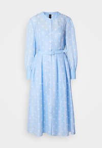 Light blue long-sleeve dress with white polka dots, button-up front, and belted waist. Features a round collar and pleated skirt.