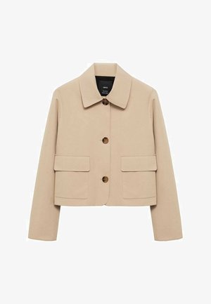 Beige kort jakke lavet af glat stof. Har en klassisk krave, frontknaplukning og to store påsyede lommer.