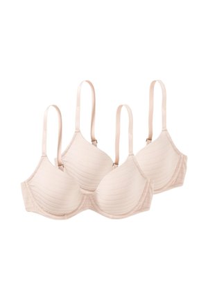 To beige polstrede bh'er med justerbare stropper, arrangeret side om side på en hvid baggrund.