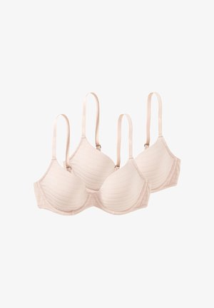 Zwei beige gepolsterte BHs mit verstellbaren Trägern, nebeneinander auf weißem Hintergrund angeordnet.