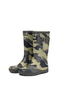 Bottes de pluie vertes et noires en camouflage avec une semelle plate, une finition texturée et un accent de sangle noire en haut. Fabriquées en caoutchouc durable.