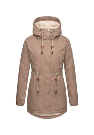 Beige waterproof jacket with a fur-lined hood, drawstring accents, side pockets, and a snap button front. Long sleeves with ribbed cuffs.