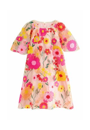 Floral-embroidered dress with puff sleeves, featuring pink, red, yellow, and green patterns on a light peach background. Back keyhole closure.