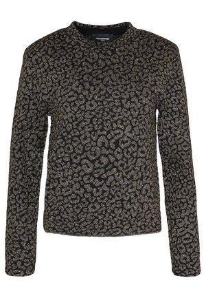 Mustavärinen pitkähihainen paita, jossa metallinhohtoinen kultainen leopardikuvio ja pyöreä pääntie, jossa merkintä "The Kooples Paris."